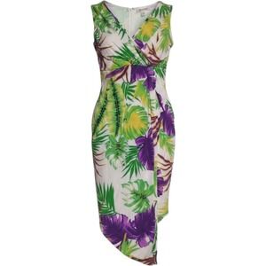 Leyva's Faux Wrap V Neck Tropical Print Dress M resort beach cruise palm